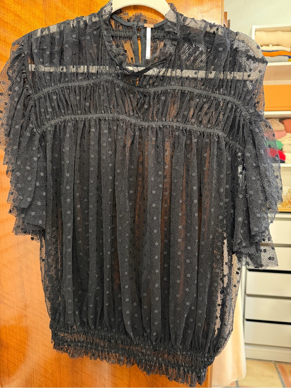 Free People Black Sheer Lace Ruffle Blouse Size Small